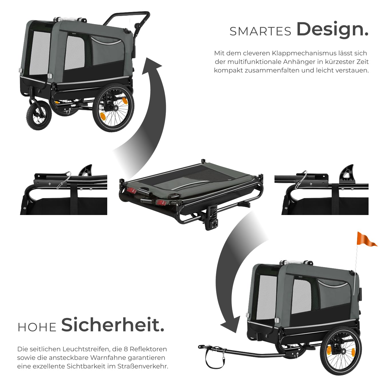 tectake® Fahrradanhänger multifunktional - als Hunde Anhänger Wagen für Fahrrad und e Bike, Jogger oder Buggy, Belastbarkeit bis 40kg, faltbar, schneller Umbau, inkl. Sicherheits Zubehör