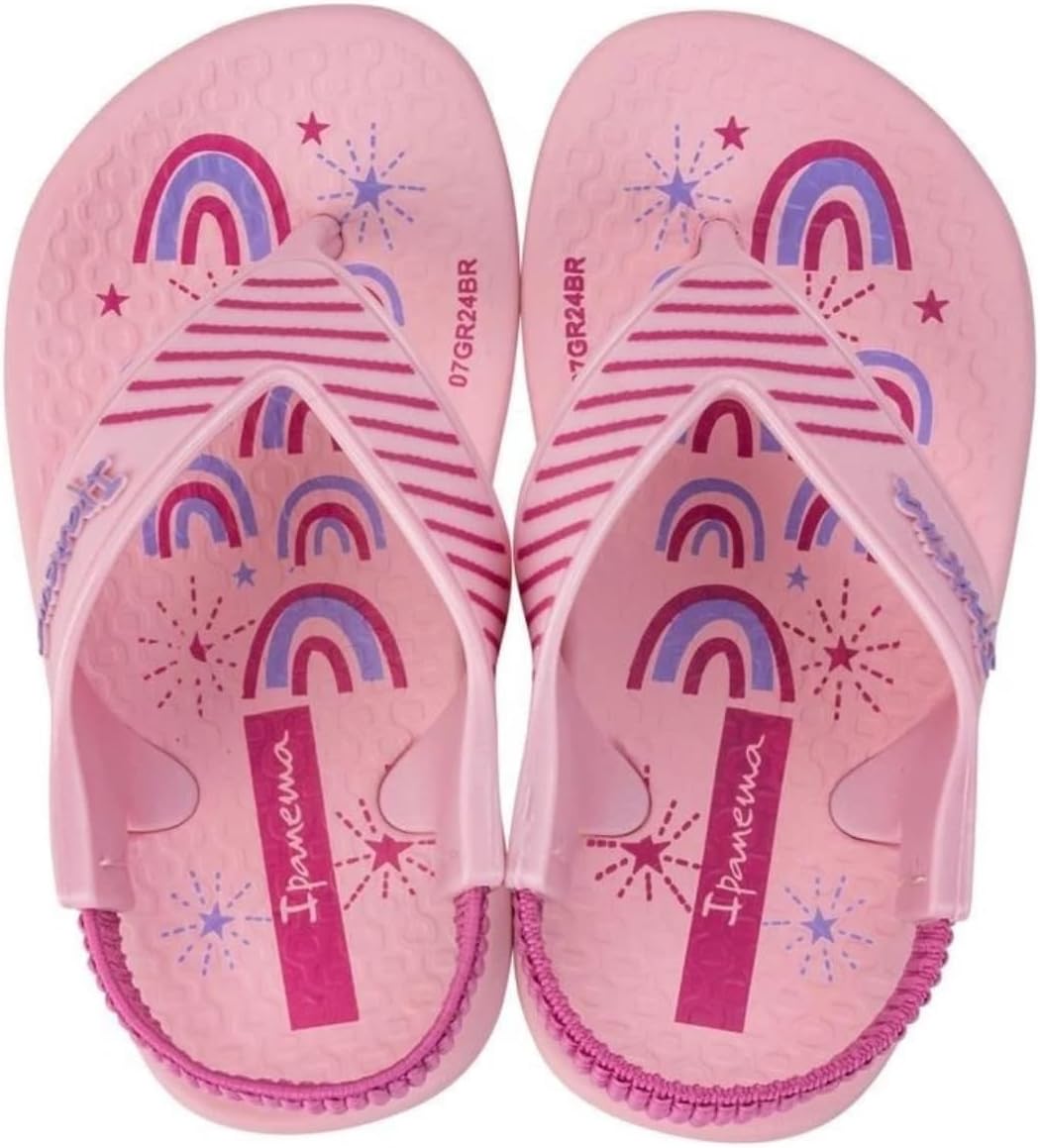 Chinelo Bebê Menina Ipanema Baby Soft, Chinelo Infantil com Elástico, Rosa com Arco-íris, Antiderrapante, Anatômico Sandália