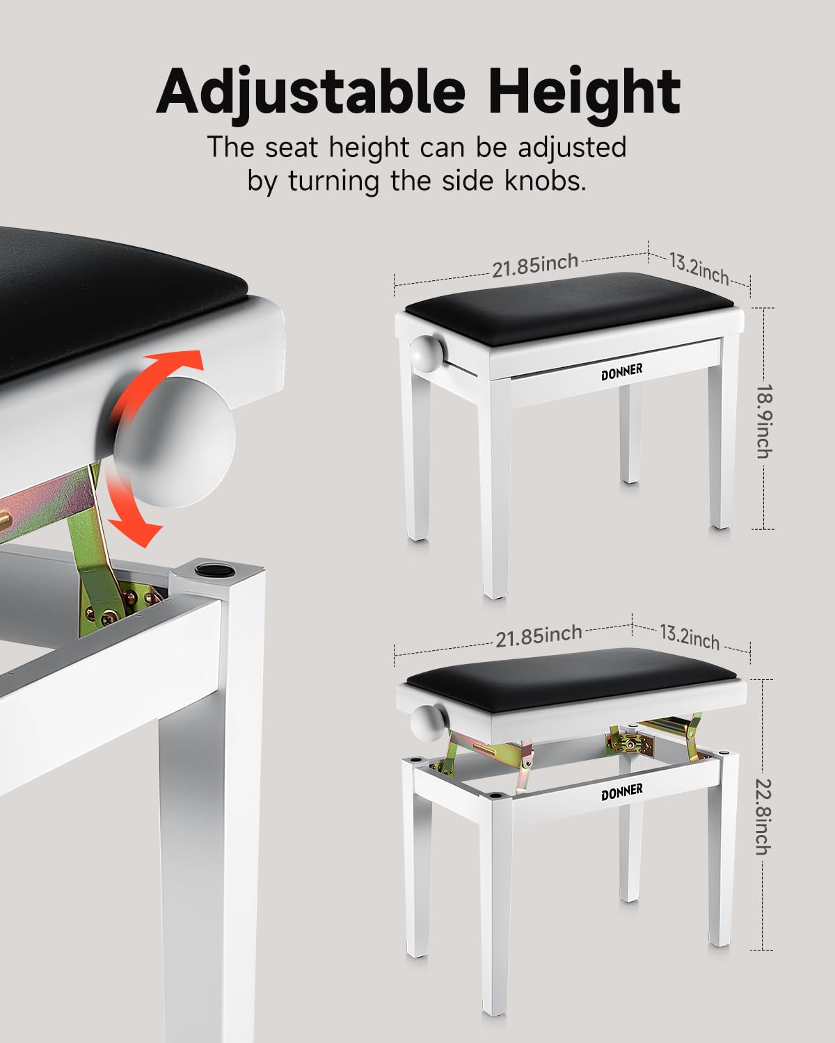 Donner Sgabello per pianoforte regolabile in legno massello con seduta in spugna ad alta densità, sgabello in legno con dispositivi di sollevamento in metallo, bianco