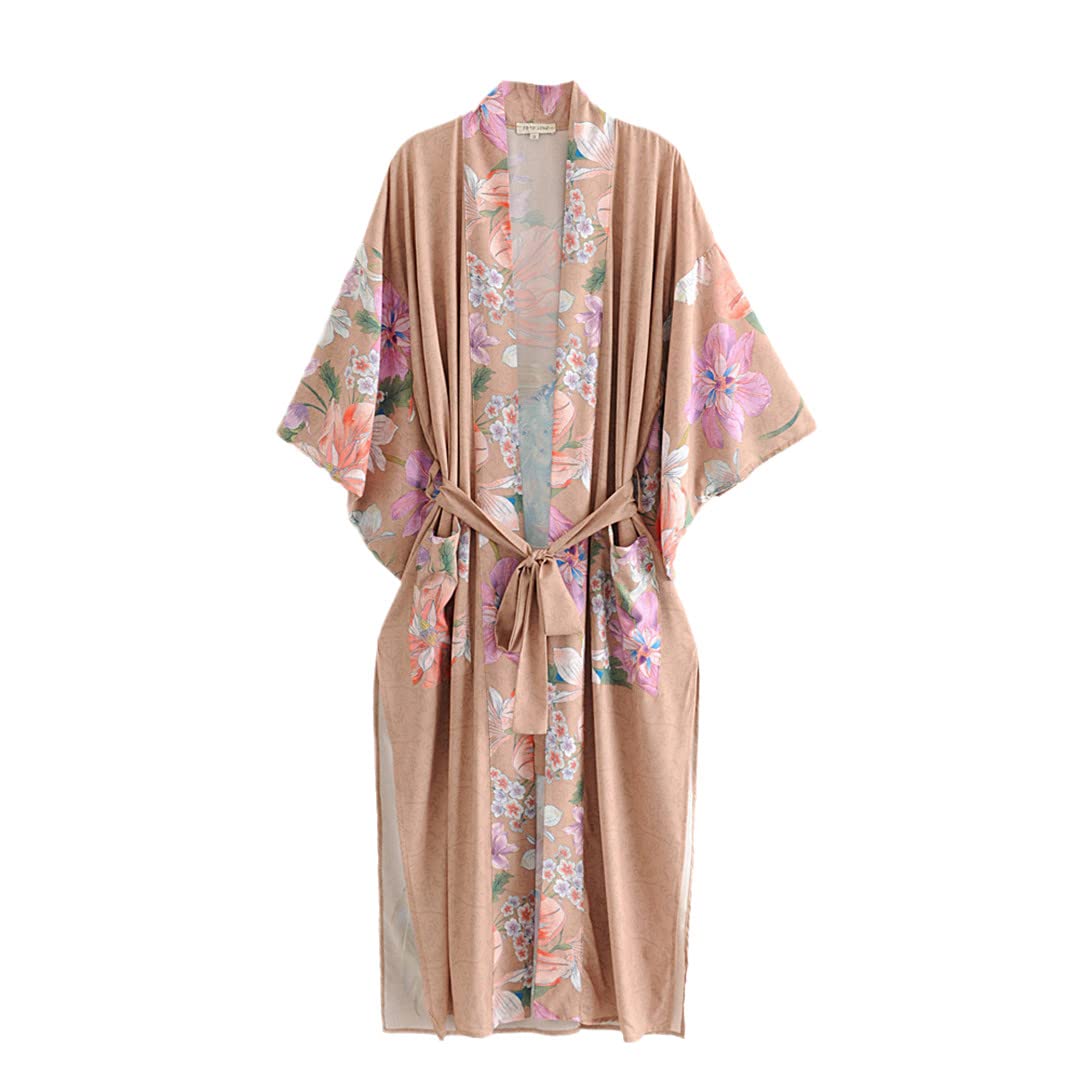 Dninmim Kimono long bohème à manches 3/4 pour femme Imprimé floral, rose, L