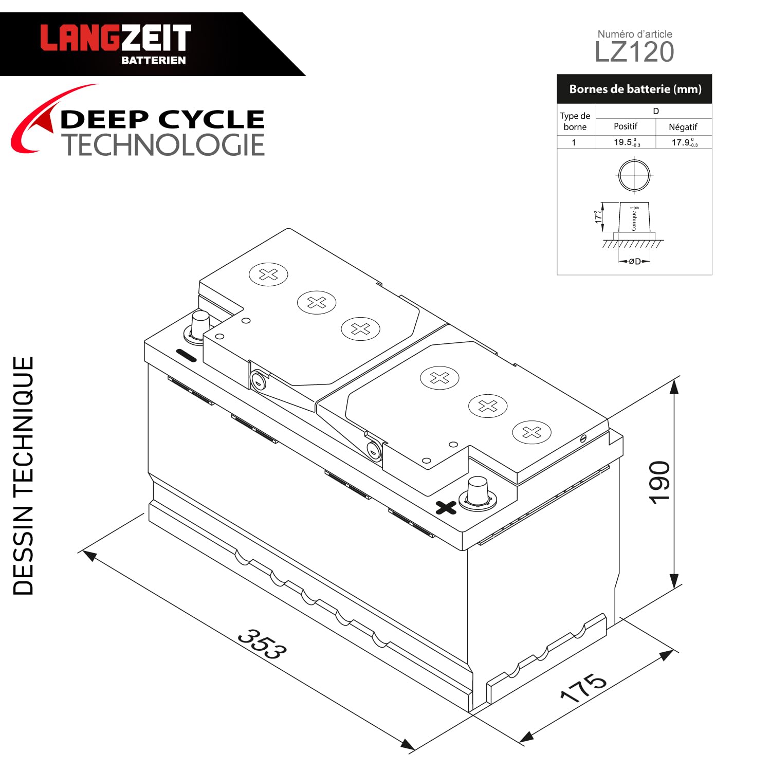 LANGZEIT Batterie Solaire 12V 120Ah Caravane décharge Lente remplace 100Ah