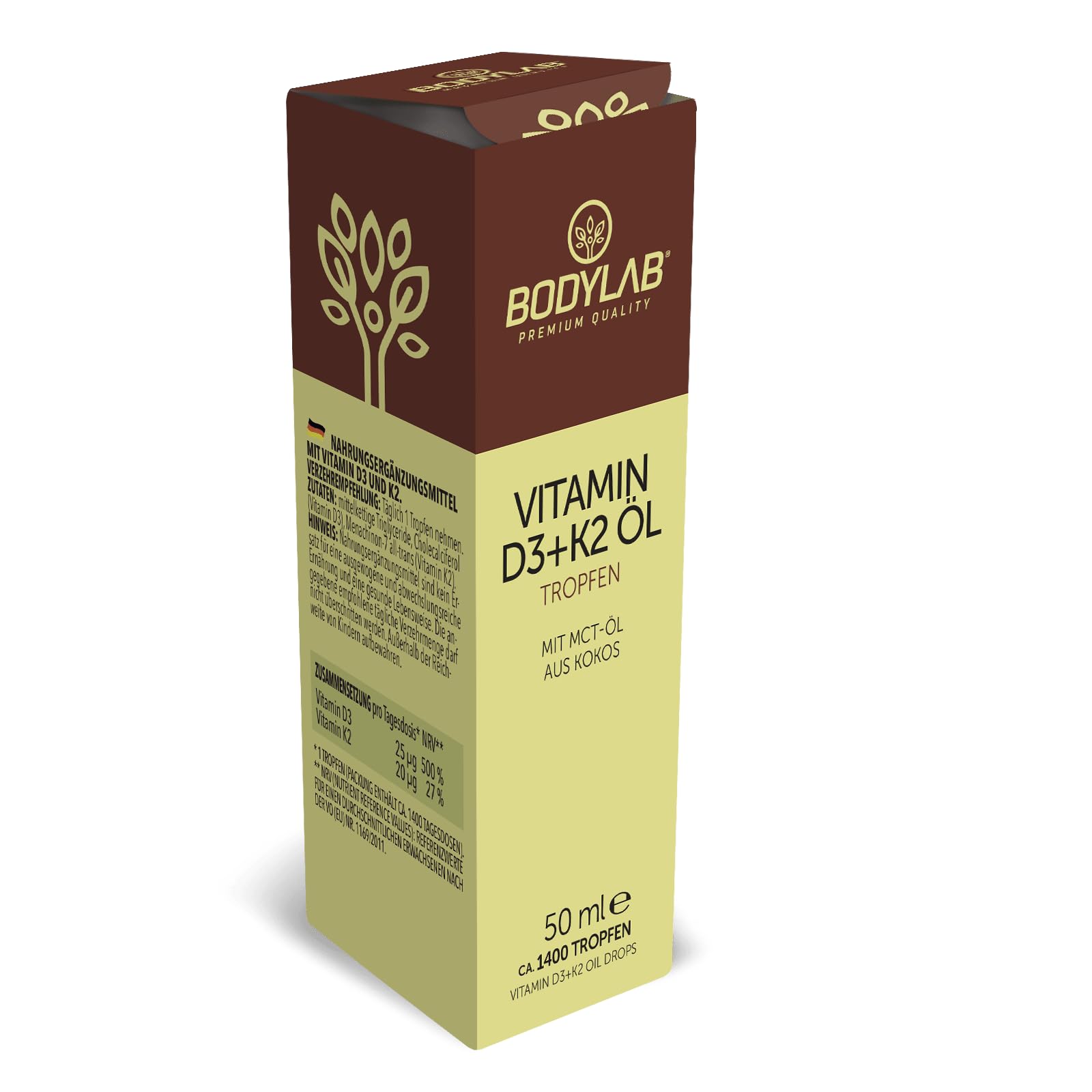 Bodylab24 Vitamin D3 + K2 Öl Tropfen 50ml, hochkonzentrierte Drops, enthält 1000 IE (25 mcg) Vitamin D3 und 20 mcg Vitamin K2 pro Tagesdosis, mit MCT-Öl aus Kokos (Packung mit 2)