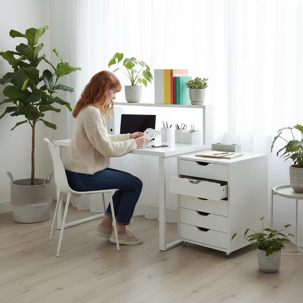 leomark Cajonera movil con Ruedas 5 cajones Mueble Oficina Escritorio almacenaje Documentos Accesorios Organizador despacho Estudio casa Robusto practico MDF Blanco Altura 64 cm Compacto Moderno