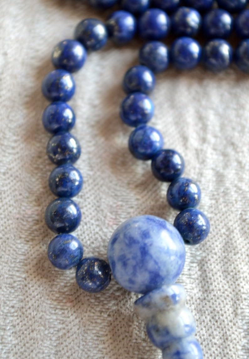 Cuentas Mala de piedra de lapislázuli azul, collar de 108 mala, nudo mala, collar WWG, joyería de yoga, cuentas de meditación, joyería espiritual, joyería bohemia, 34inch, Gema