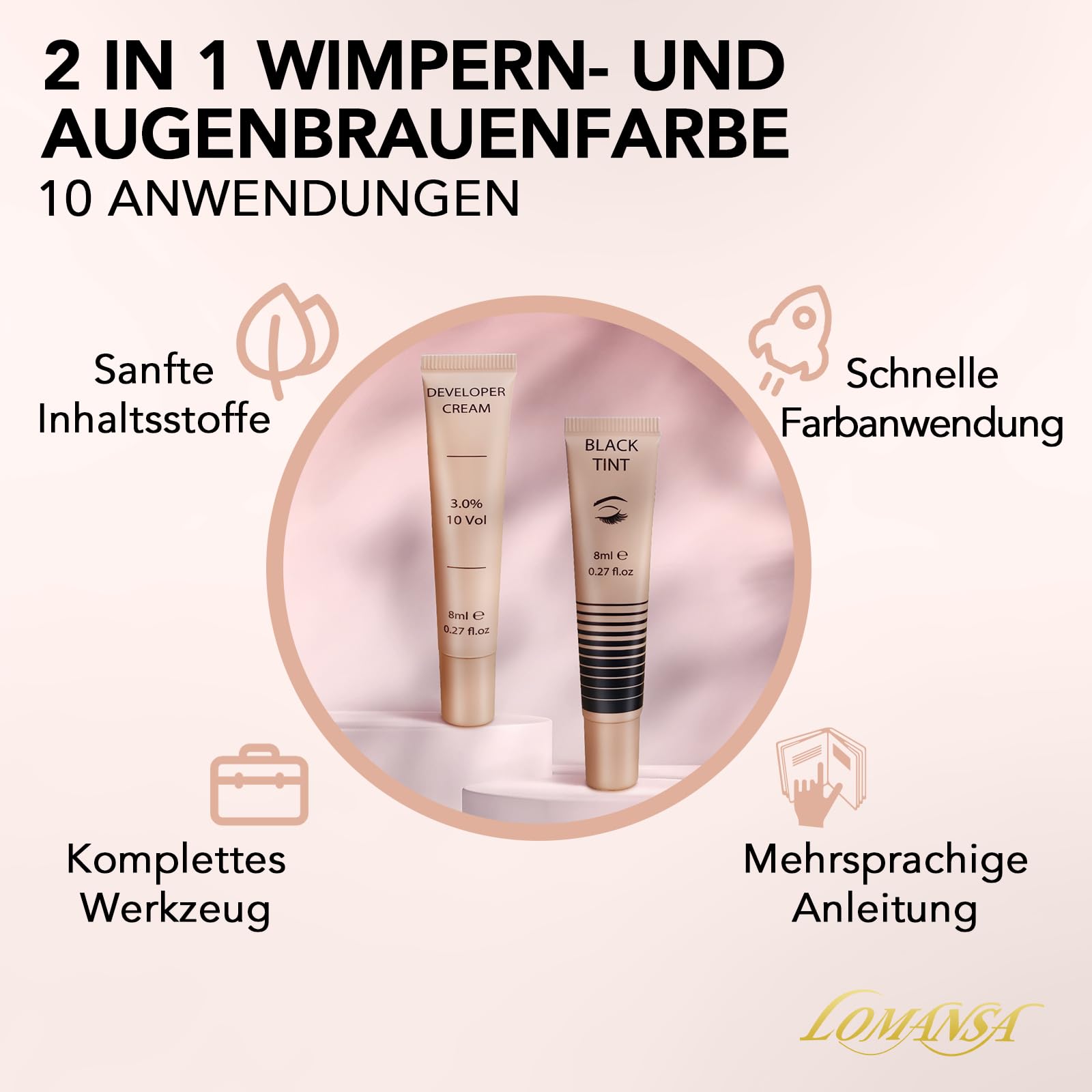 Wimpernfarbe Schwarz, Augenbrauenfarbe und Wimpern Färben, 10 Anwendungen Intensiv Tönung, Zwei Bürstentypen für Einfache Bedienung, Geeignet für Anfänger und Salons