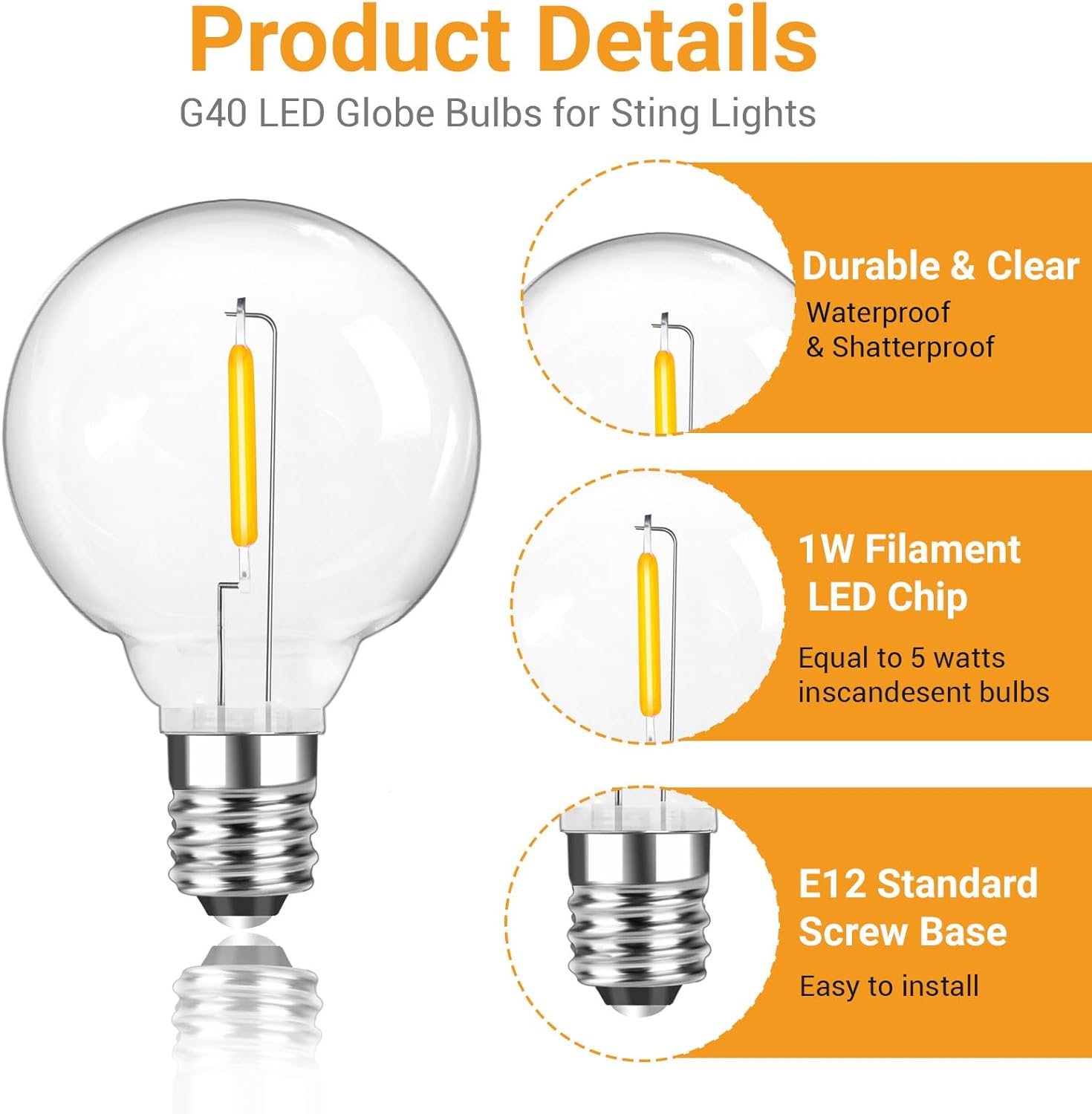 G40 LED Replacement Light Bulbs, 1W E12 Screw Base Shatterproof Clear Small Globe Light Bulbs for Indoor Outdoor String Lights, Patio Porch Garden Decor, 1.57 inch, Warm White, 25 Pack