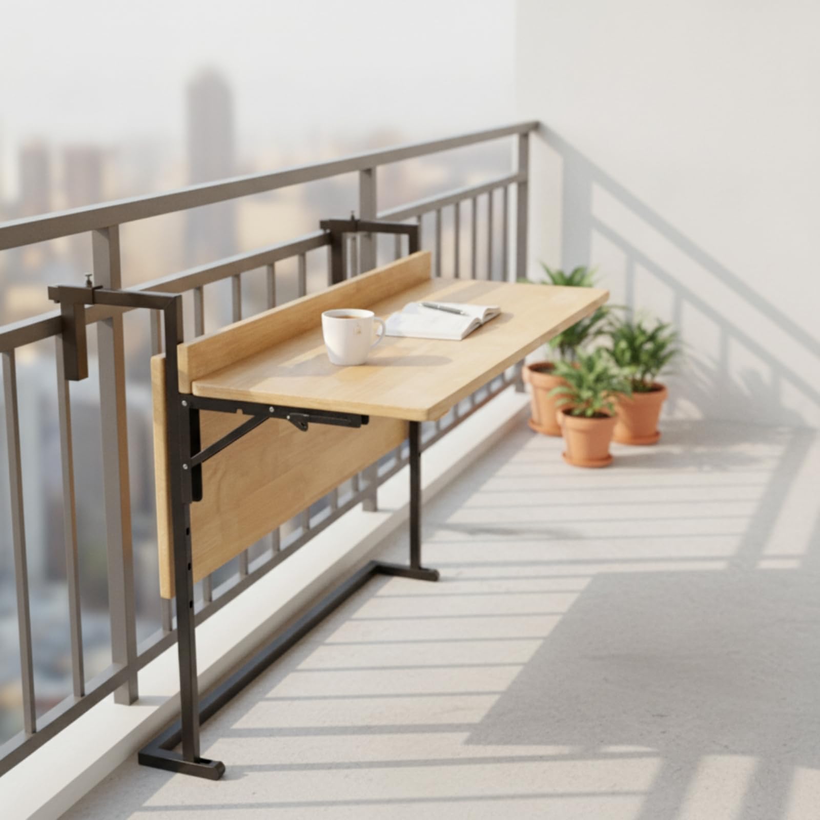Bancone da Balcone Pieghevole Tavolo da Ringhiera Mensola Pieghevole per Esterno Tavolo Compatto in Legno E Metallo Clamp Regolabile Adatto per, 90CM