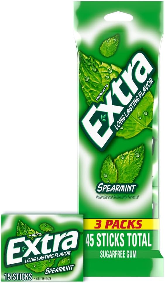 EXTRA Spearmint Sugar Free Chewing Gum, 3 Pack Bulk Gum (45 Sticks Total), Long-Lasting Fresh Breath, Individually Wrapped