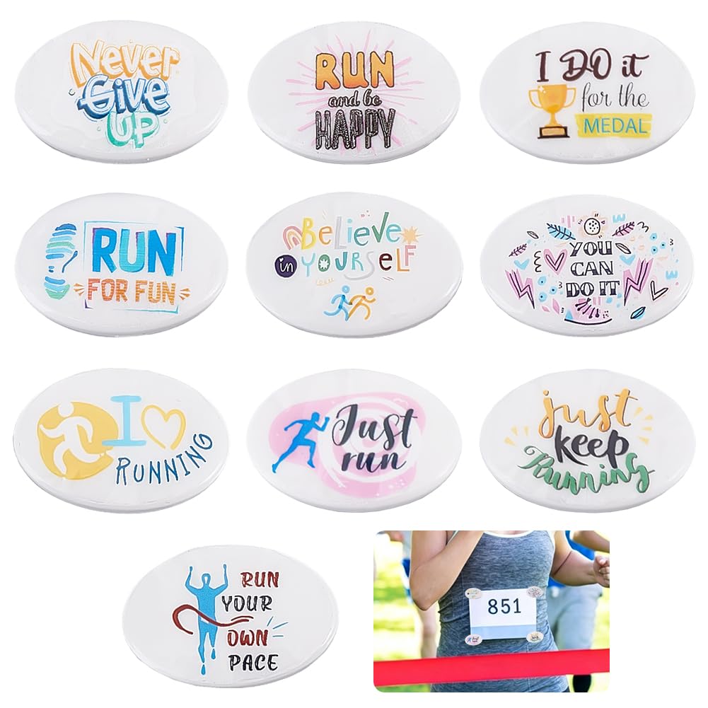 50 Set Running Bib Clips with DIY Stickers Oval Race Bib Clips for Runners Number Buckle Fixing Safety Lock Race Clip Marathon Number Holder for Marathon Triathlon Cycling Running