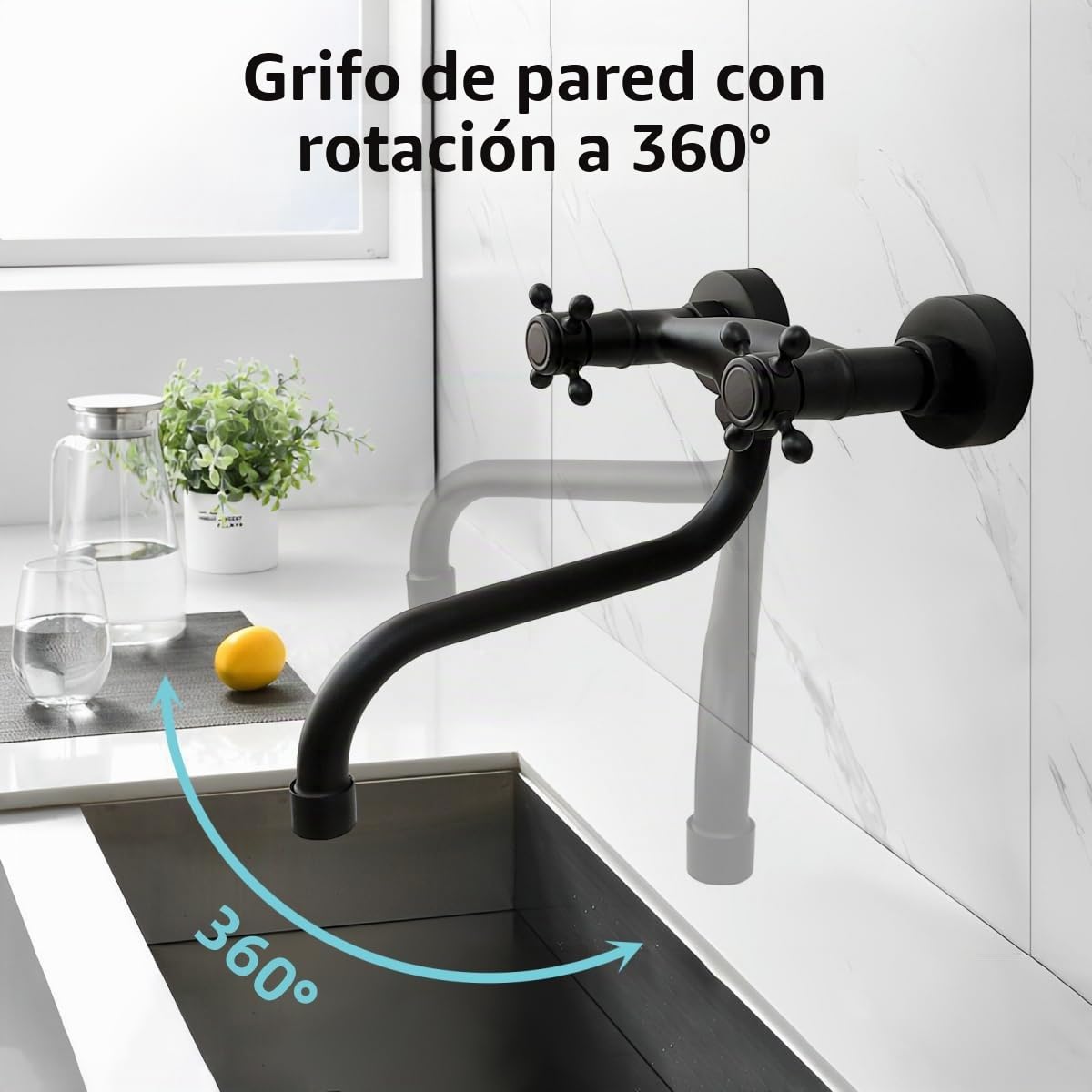 Grifo Cocina de Pared Negro con Dos Manijas | Mezclador fregadero de pared negro latón, giratorio 180°, boquilla en S, agua fría y caliente, para cocina y lavabo baño