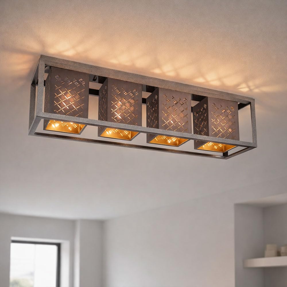Deckenleuchte Wohnzimmerleuchte Deckenlampe Esszimmerlampe Stoff 4 flammig, Metall grau gold silber, 4x E27 Fassung, LxBxH 75x20x22,5 cm