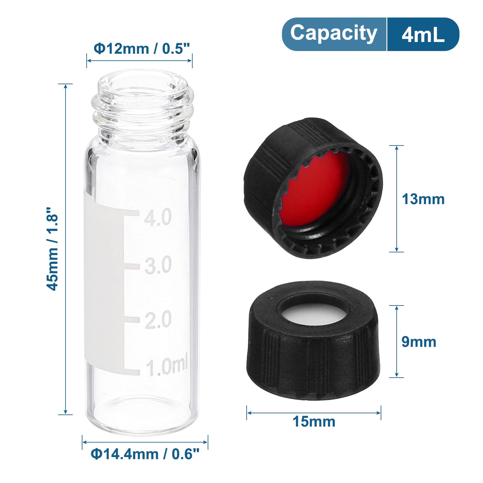 PATIKIL Vial de Muestreo de 4 ml, Paquete de 100 Viales HPLC/GC de 9-425, Viales Transparentes de Laboratorio con Tapa de Rosca, Área de Escritura y Septa de PTFE