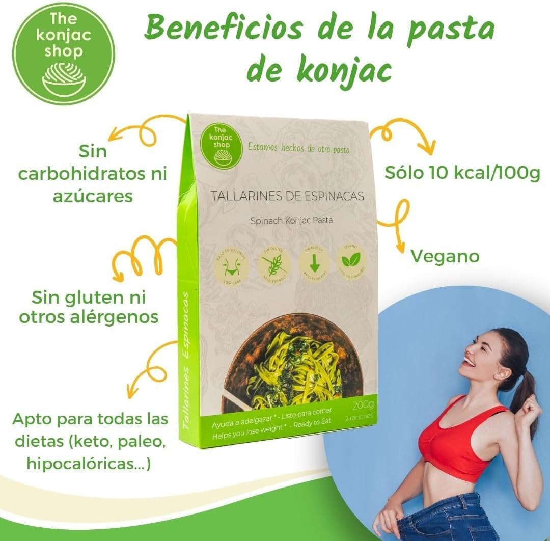 Tallarines Konjac de Espinacas 270g Shirataki Sin Gluten Bajo en Calorías - Pack de 5