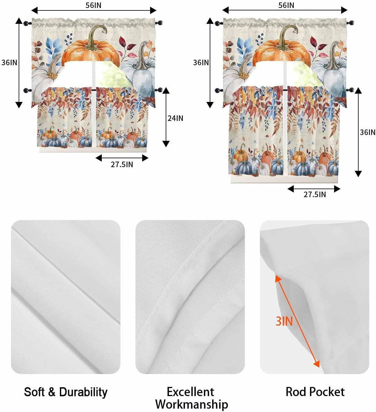 Thanksgiving Blue Pumpkin Swag Kitchen Curtains Valance and Tier Set 24 Inch Length, Vintage Orange Fall Leaves Rod Pocket Swag Curtains for Living Room Bedroom Bathroom Window Drapes 3 Piece