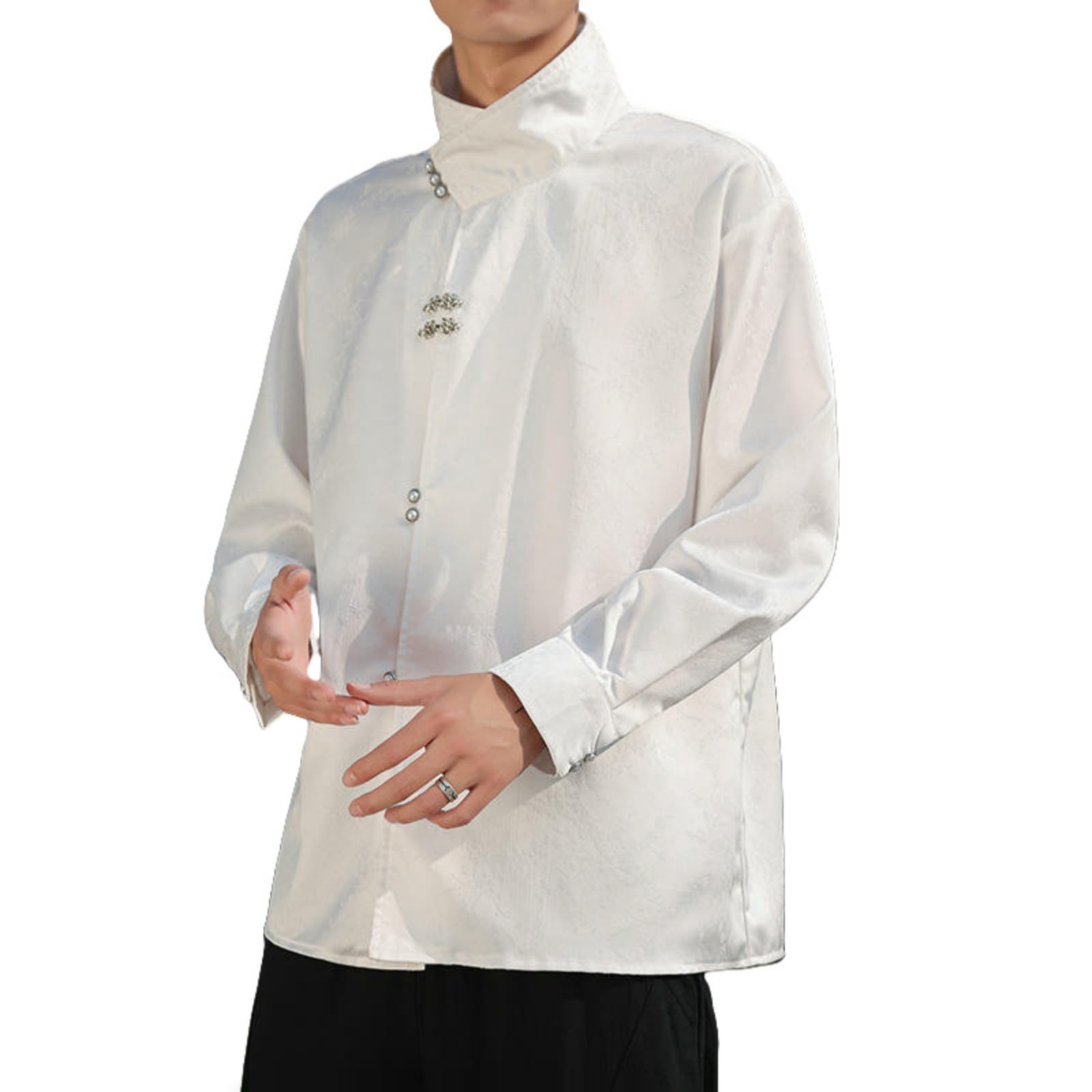 Autunno Stile Cinese Raso Jacquard Modello Stand Colletto In Metallo Pulsante Casual Camicia A Maniche Lunghe