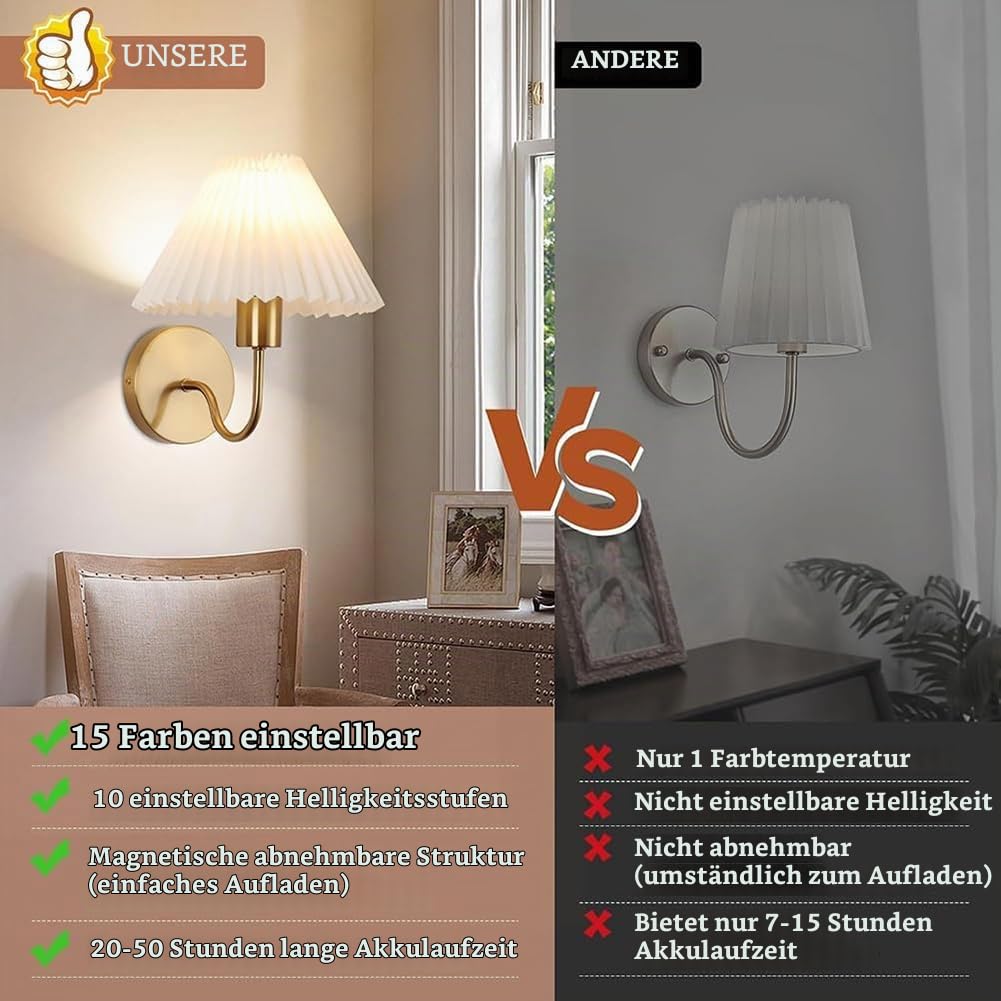 2 Stück LED Akku Wandleuchte Ohne Stromanschluss Innen Gold Wandlampe Batterie mit Fernbedienung Dimmen Wandbeleuchtung Kabellos Aufladbare Wohnzimmerlampe Stoffschirm Retro Boho Lampe Messing