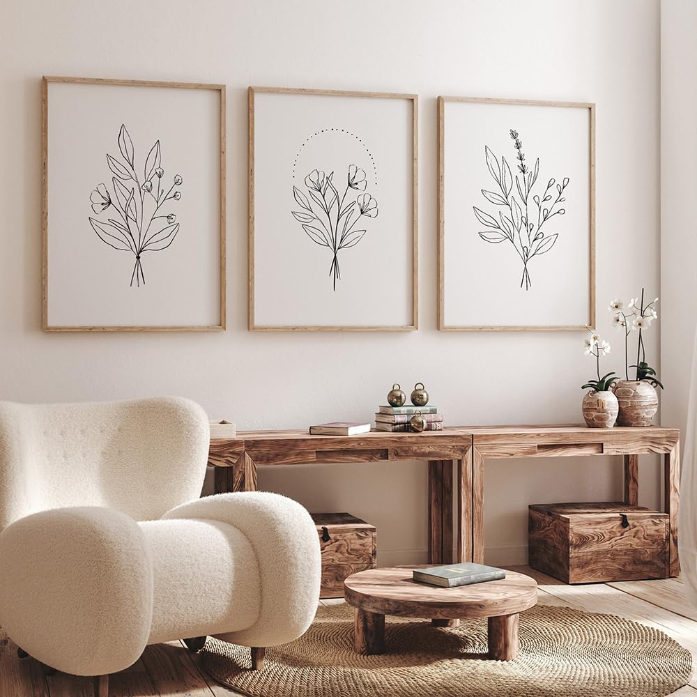 WBYZAC Wall Pictures-Botanical Flower Line Beige Posters Wall Art Canvas Painting Print Pictures Neutral Living Room Interior Bedroom Kitchen Home Decoration-40 * 50cm*3PCS (No Frame)