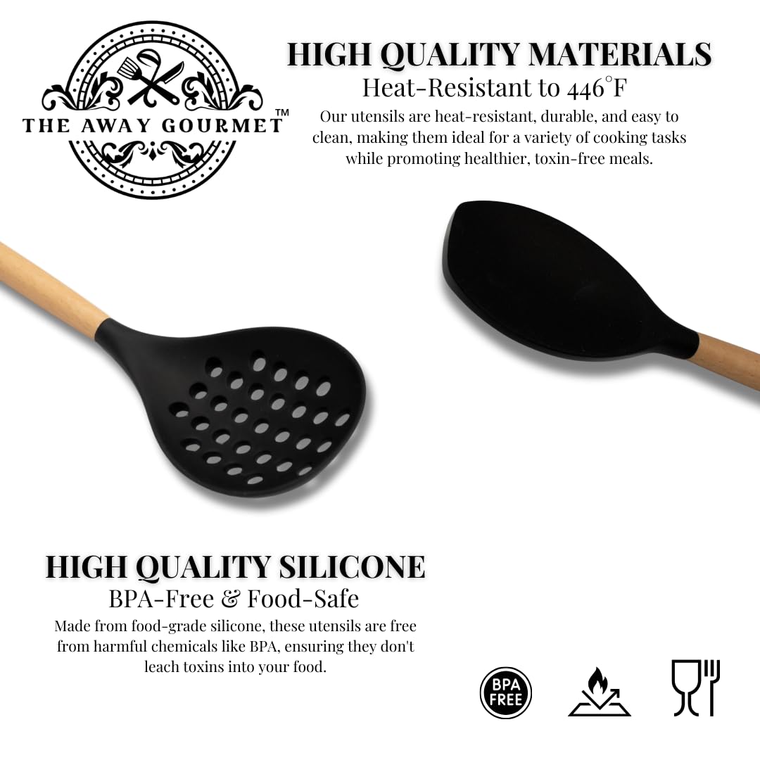 Juego de utensilios de cocina de 14 piezas, con asas de madera, incluye espátula, batidor, cuchara ranurada, resistente al calor con soporte para utensilios de cocina antiadherentes