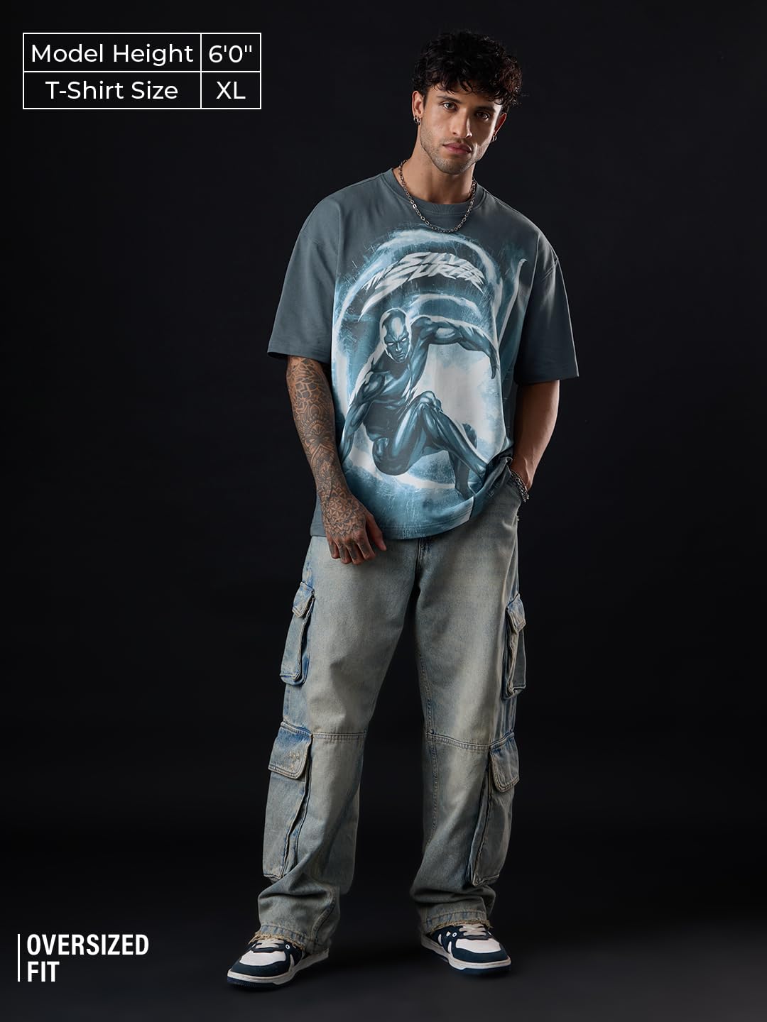 The Souled Store Fantastic Four: Silver Surfer Herren und Jungen Kurzarm Rundhals Grafik Gedruckt Baumwolle Premium Stoff Streetwear Oversized T-Shirt