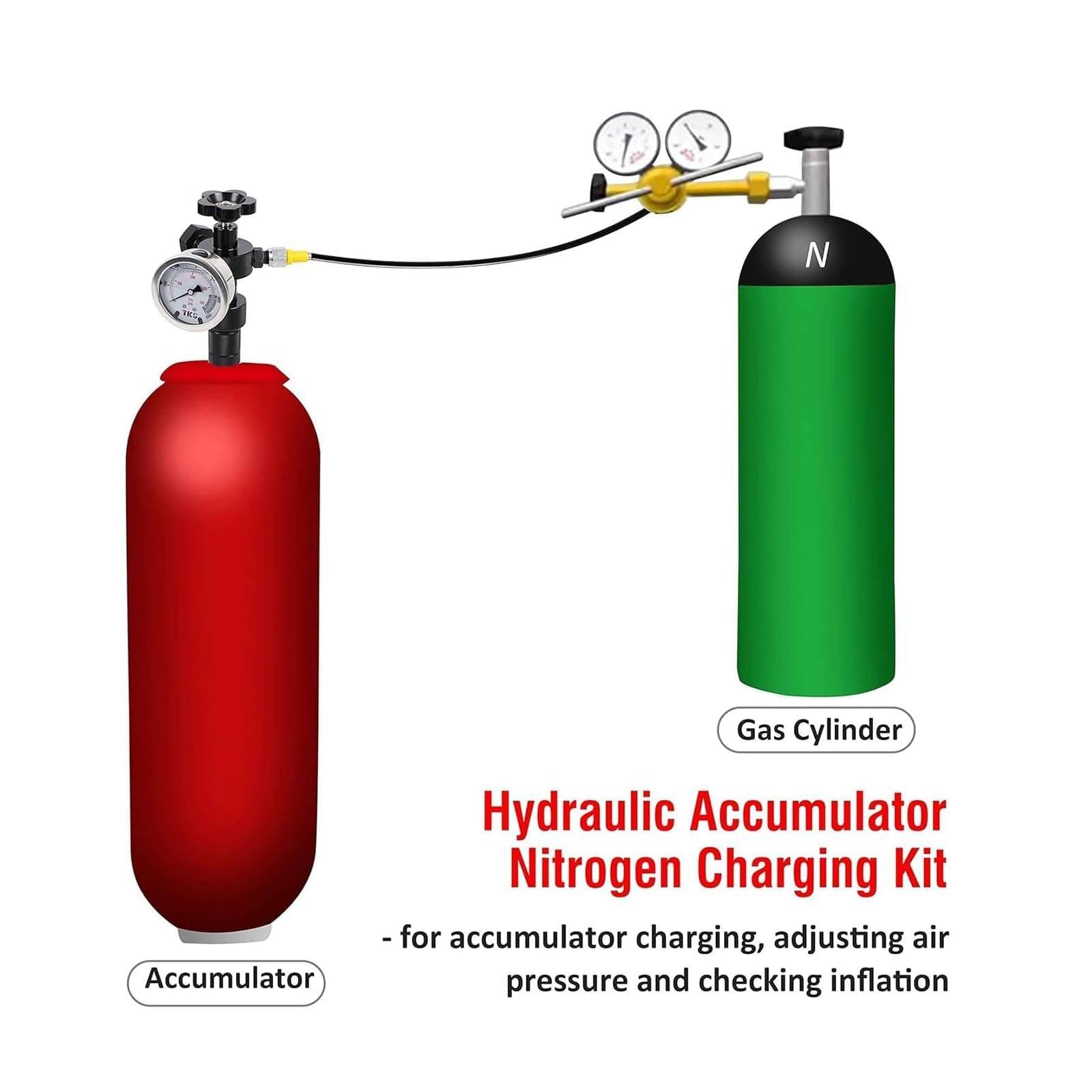 Kit de carga de acumulador de nitrógeno hidráulico, kit de prueba de presión de nitrógeno hidráulico, kit de carga de llenado de nitrógeno con 3 manómetros, 7 acoplamientos y 1 manguera de gas