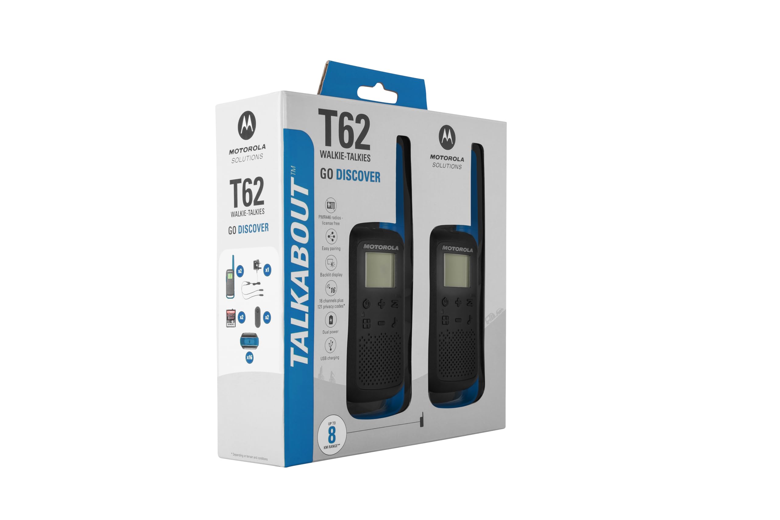 Motorola Talkabout T62 PMR-Funkgeräte (Ensemble de 2, PMR446, 16 Codes et 121 Codes, 8 km), Colour Blue