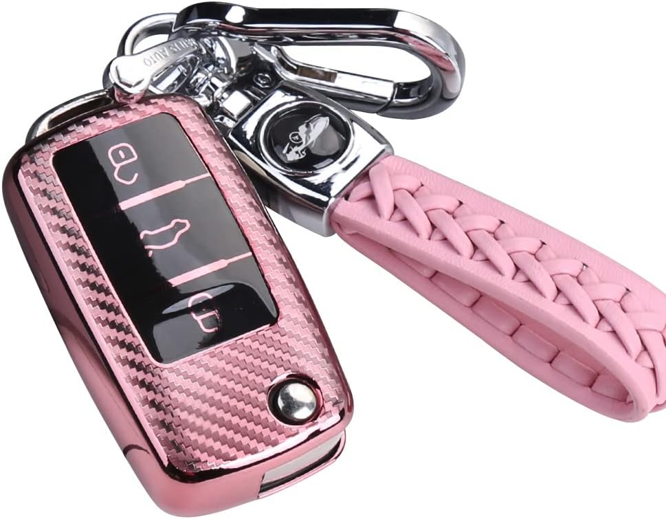 Car Key Case Compatible with VW, VW Golf Key Box, Key Cover for VW Polo Passat Skoda Seat 3 Buttons (Pink)