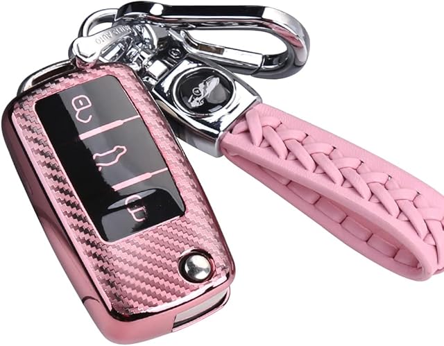 RXXR Car Key Case Compatible with VW, VW Golf Key Box, Key Cover for VW Polo Passat Skoda Seat 3 Buttons (Pink)