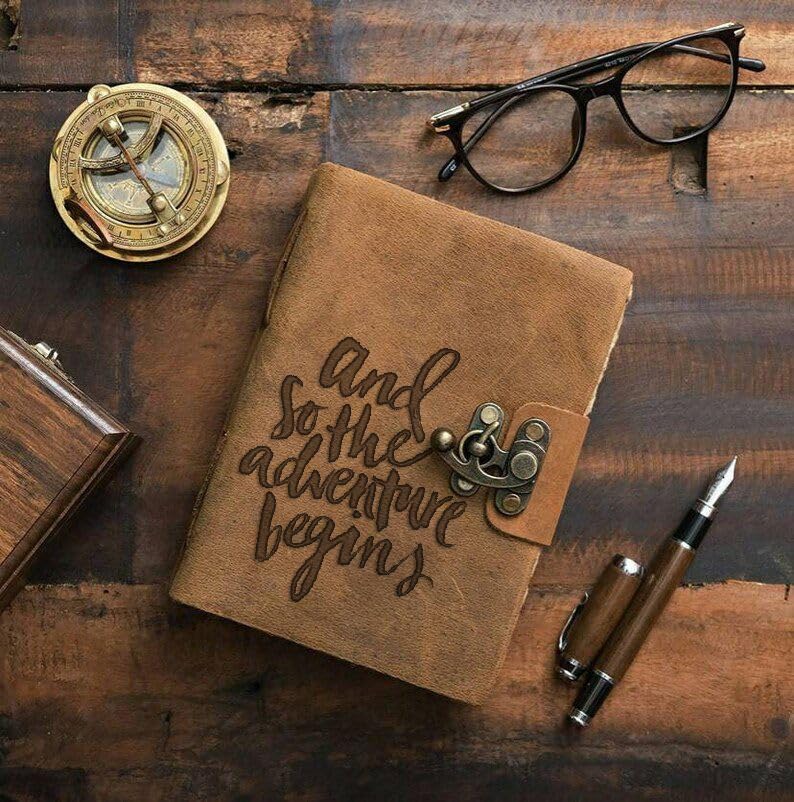 Image of DI-KRAFT Handcrafted A5 120 GSM Vintage Paper Printed Diary Leather Writing Diary With Buckle Lock Notebook Unruled Personal Diaries Leather Journal for Office - 5x7 Inch 200 Pages (Brown Quote1)