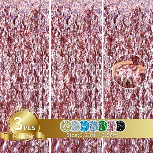 Image of TONIFUL 3Pcs Wavy Metallic Tinsel Foil Fringe Curtains Rose Gold Streamer Backdrop for Photo Booth Props,Party Door Wall Curtain,Bachelorette,Birthday,Anniversary,Bridal Shower Decor (9.9ft x 6.6ft)