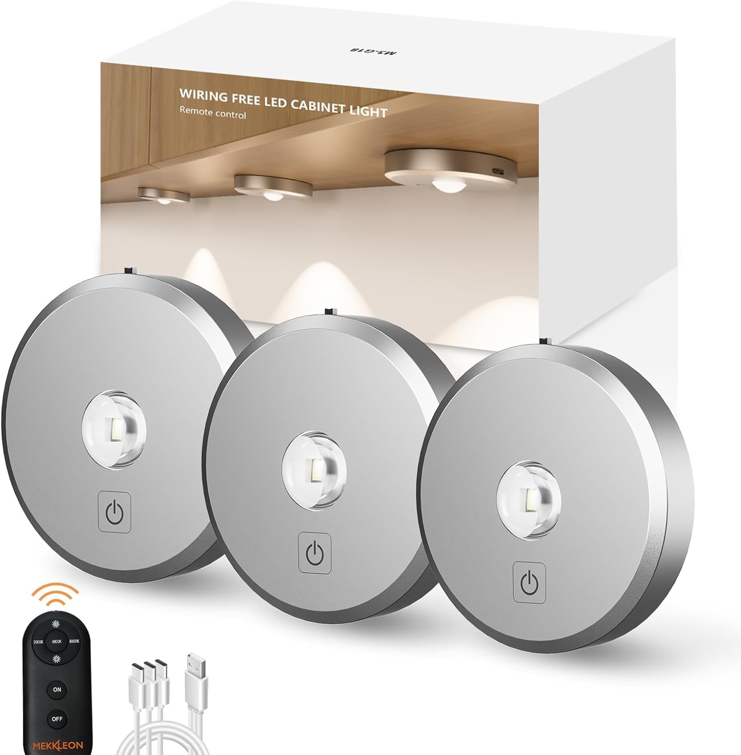 Luces de disco inalámbricas con control remoto, recargable de 2200 mAh debajo del mostrador, 3 temperaturas de color regulables debajo del gabinete, luz de armario, luz clave para pasillo (plata, 3