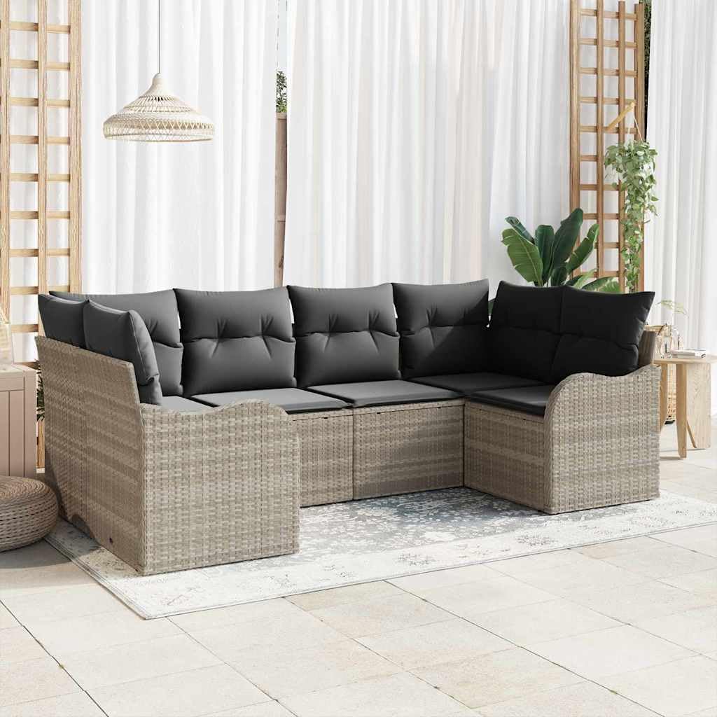 Ensemble de Salon de Jardin 6 Places en Poly Rotin Gris Clair, Canapé d'Extérieur Modulable en Résine Tressée pour Terrasse, Inclut 2 Coins, 2 Milieux, 2 Fauteuils et 14 Coussins