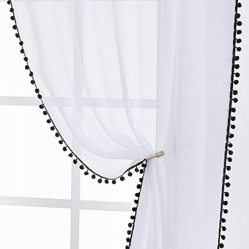 Miniatura 2 de Treatmentex - Cortinas blancas traslúcidas con pompones negros, 84 pulgadas de largo, aspecto texturizado de lino, cortinas decorativas para