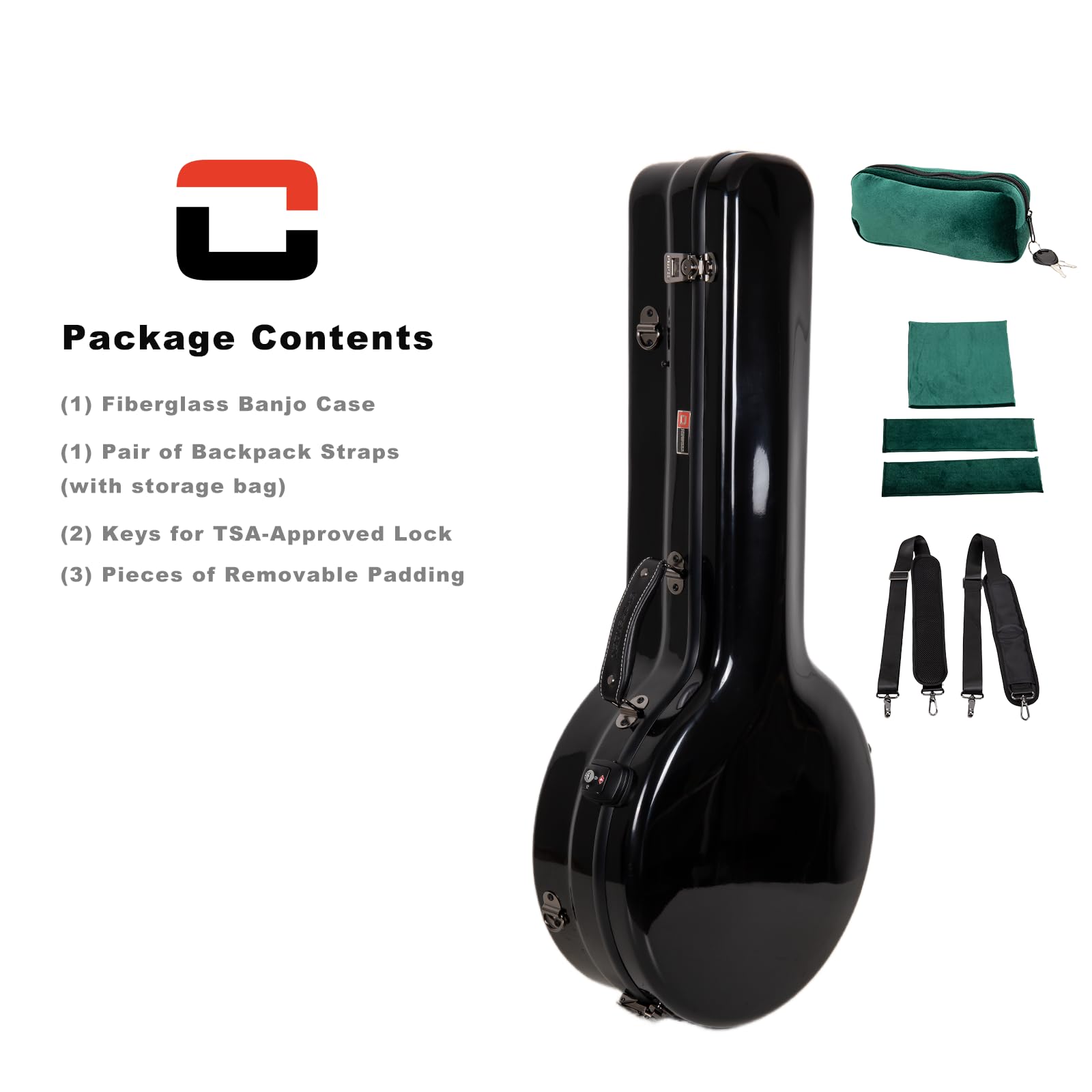 Crossrock Etui z włókna szklanego do 4-strunowego banjo tenorowego, czarne błyszczące wykończenie, zamek TSA, paski do plecaka, higrometr, pamięć wewnętrzna, styl rezonatora, czarne (CRF2023TBJBK)