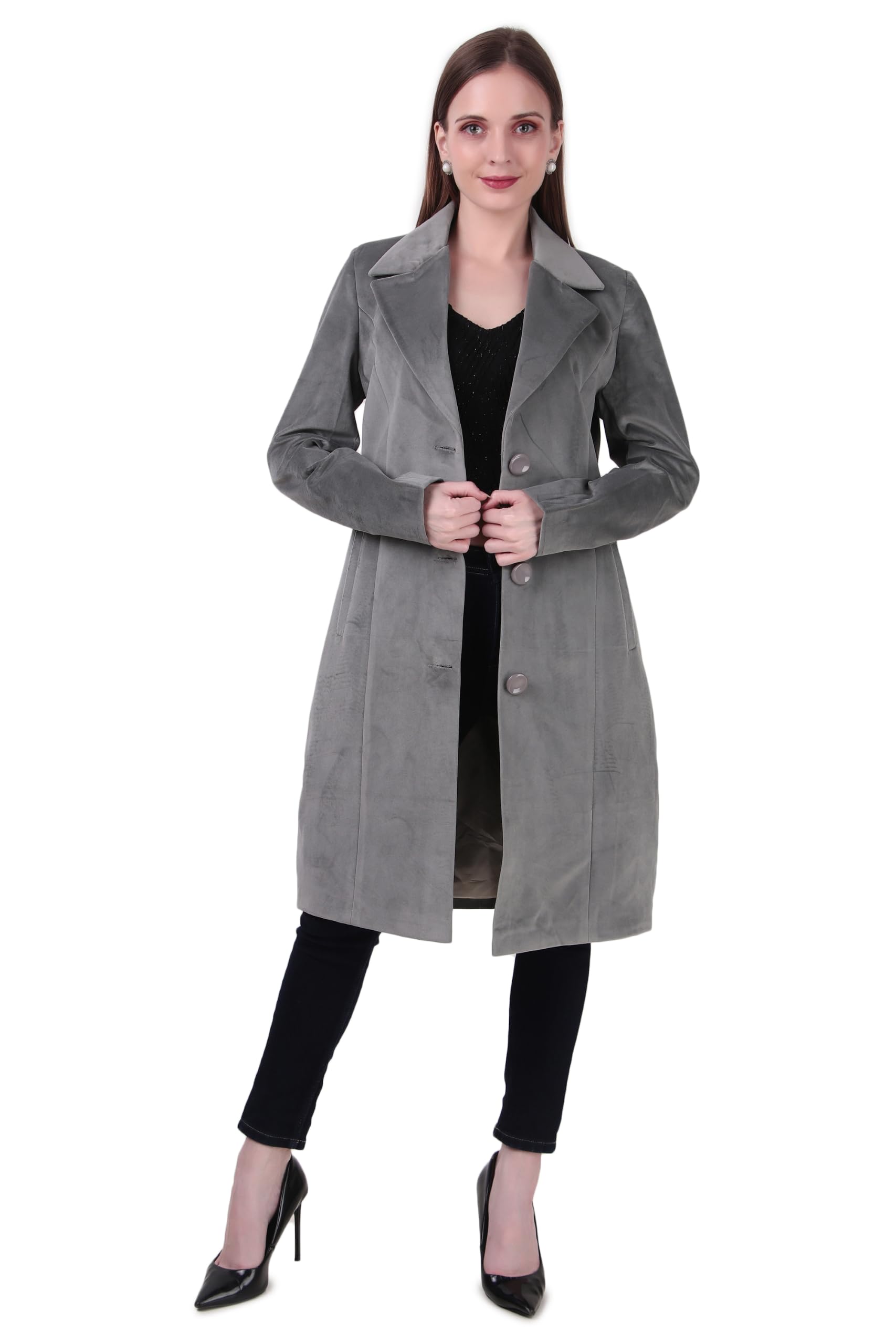 Women's Slate Grey Velvet Wide Lapel Longline Trench Coat | Single-Breasted Winter Overcoat with Front Pockets | Elegant Long Winter Outerwear | Pack of 1-picture-13