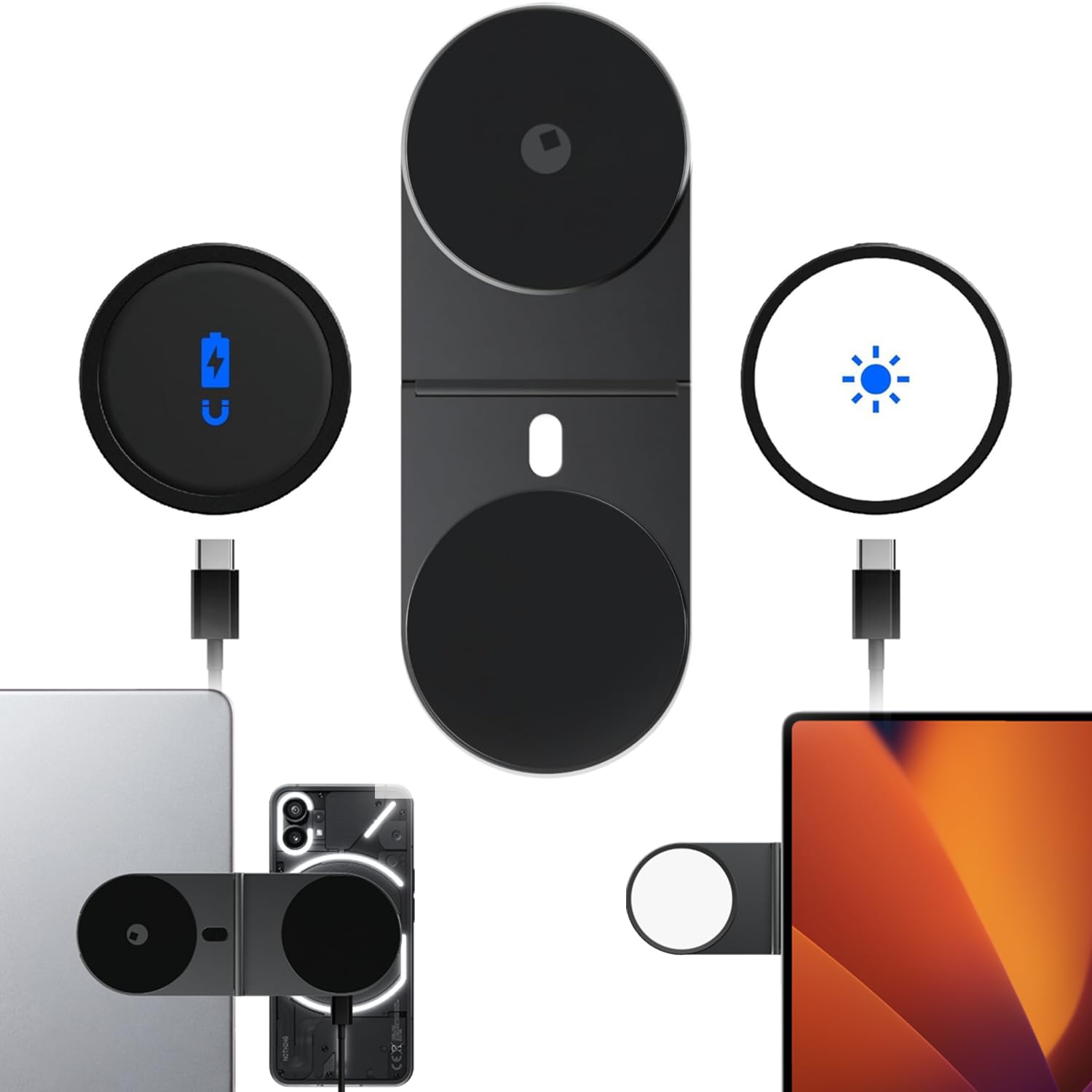 Rolling Square Edge Pro Full Kit - Sostegno Magnetico Cellulare, Caricatore Universale Wireless Magnetico Per Cellulare, Luce 1000 Lumen, Supporto Per Cellulare Per Smartworking, Nero-image