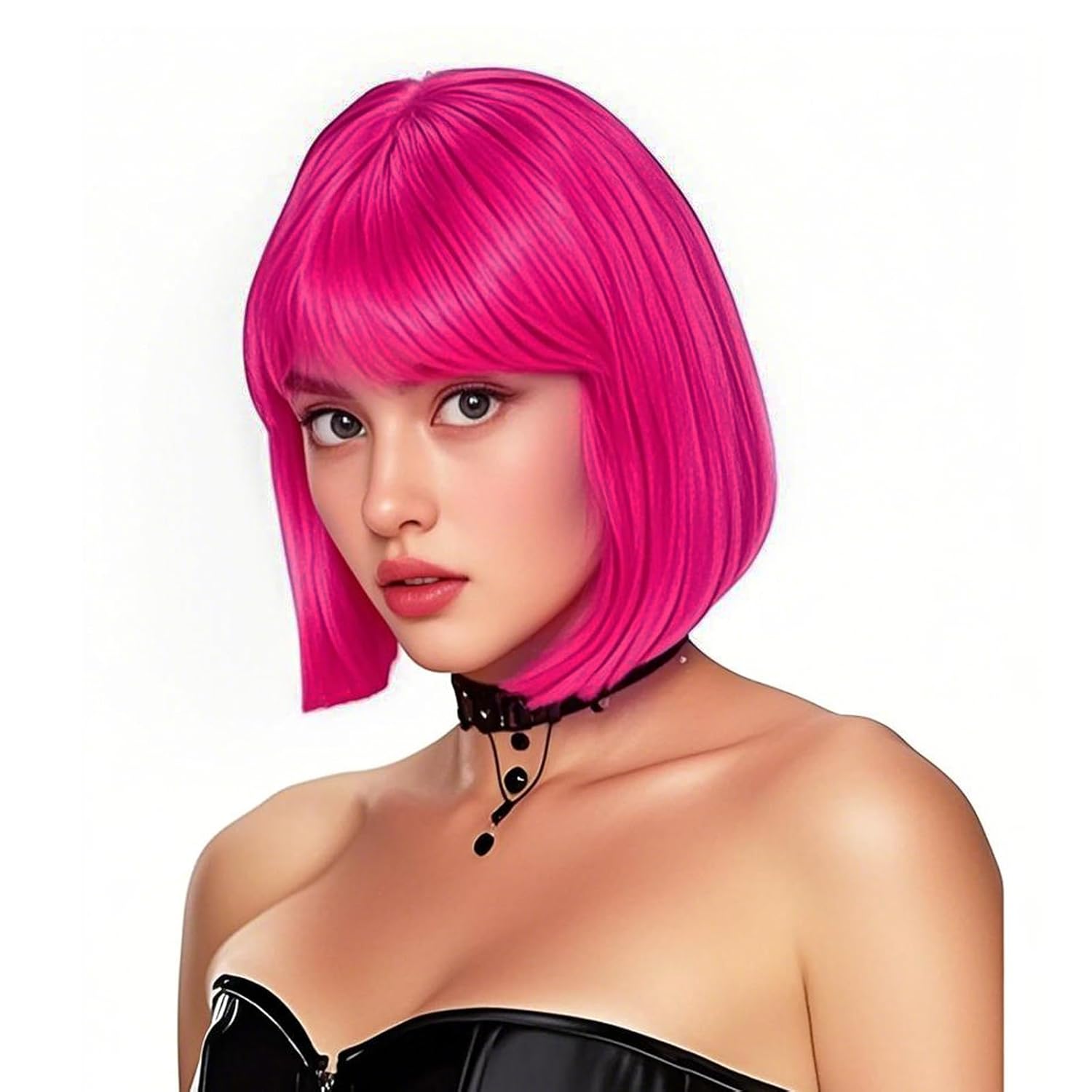 Rose bud Hot Pink Bob Wig with Fringe 12 Inch Short Straight Costume Wigs for Women Cosplay Party Halloween