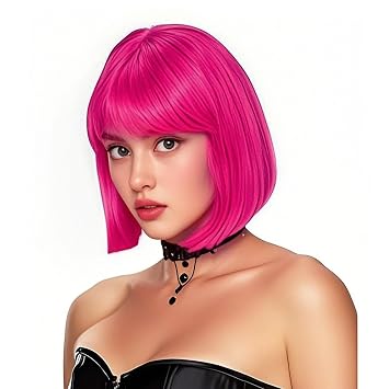 Rose bud Hot Pink Bob Wig for Women Short Costume Party Wigs with Bangs
