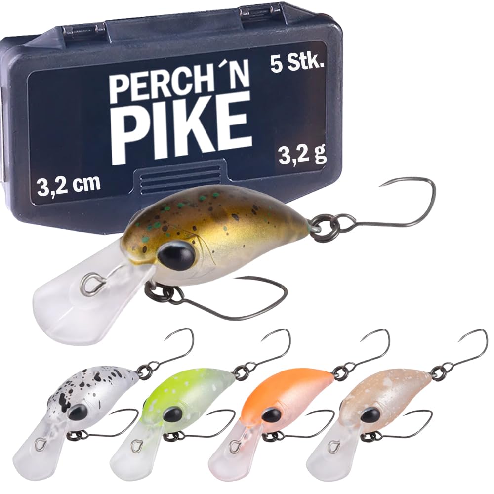 5er Forellenköder Set mit Tackle-Box, 3,2cm I 3,2g auftreibende Mini Wobbler, Kunstköder für Forelle und Barsch, Angelzubehör in verschiedenen Dekoren für Raubfischangler