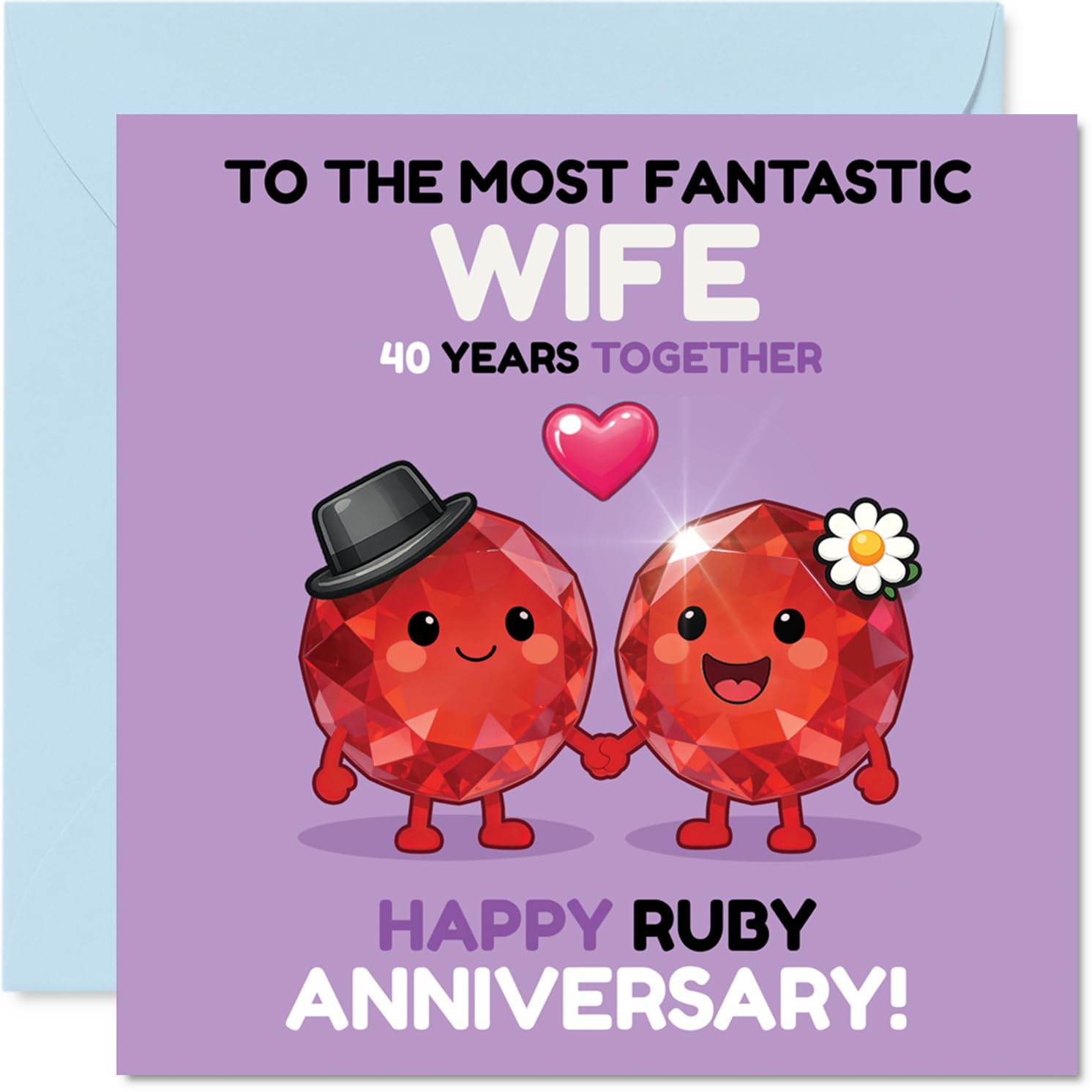 Playful 40th Anniversary Card for Wife - Celebrating 40 Years of Love - Cute Ruby Duo Holding Hands in Playful Style - 145mm Square, Envelope Included