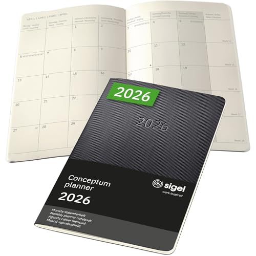 SIGEL C2684 Monats-Kalenderheft Monatsplaner 2026, ca. A5, schwarz, Softcover, 2 Seiten = 1 Monat, 64 Seiten, Quickpocket, aus nachhaltigem Papier, Conceptum