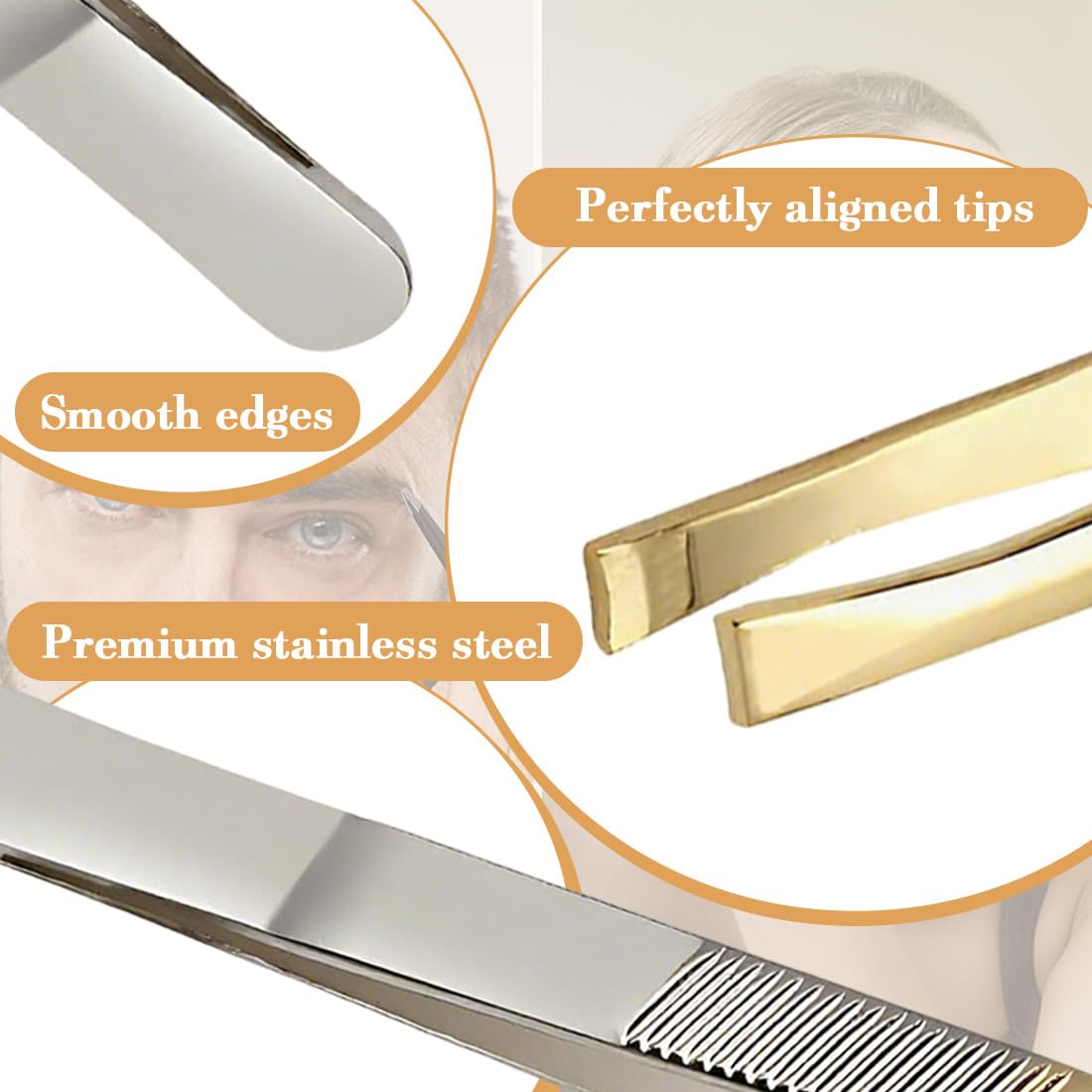 Pinzetta Sopracciglia, Set Di 3 Pezzi In Acciaio Inox, Semi-Dorato, Lunghezza 9 Cm, Pinzette Professionali Per Allungare Ciglia, Rimozione Peli Viso, Cura Sopracciglia E Barba