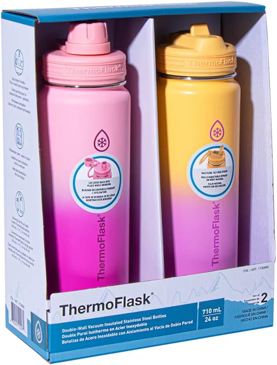 ThermoFlask Double-Wall Vacuum Insulated Stainless Steel Water Bottles, 710 mL, Pink and Yellow, Set of 2