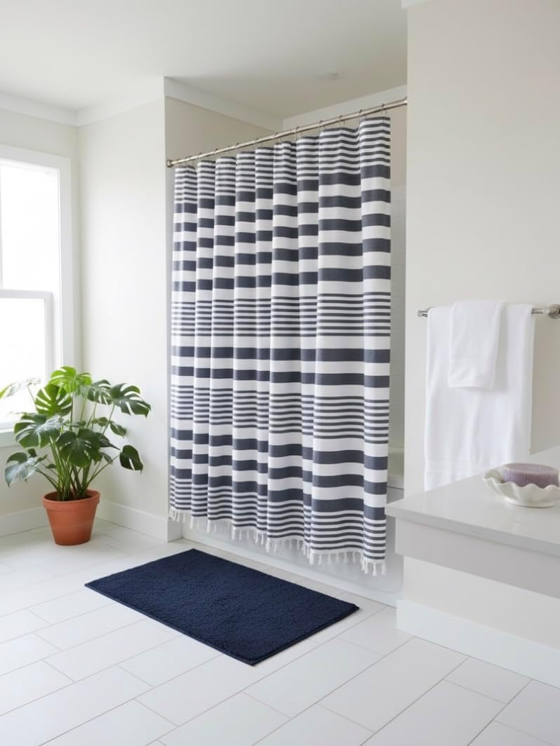 Serafina Home Blue and White Striped Cotton Fabric Shower Curtain with Fringe for Bathtub or Shower, Machine Washable Bath Curtain, 72 x 72 Inch, Margot Denim