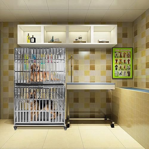Miniatura 7 de Jaula de acero inoxidable de 42 pulgadas, apilable, resistente, plegable, indestructible, con ruedas enrollables, doble puerta y bandeja extraíble