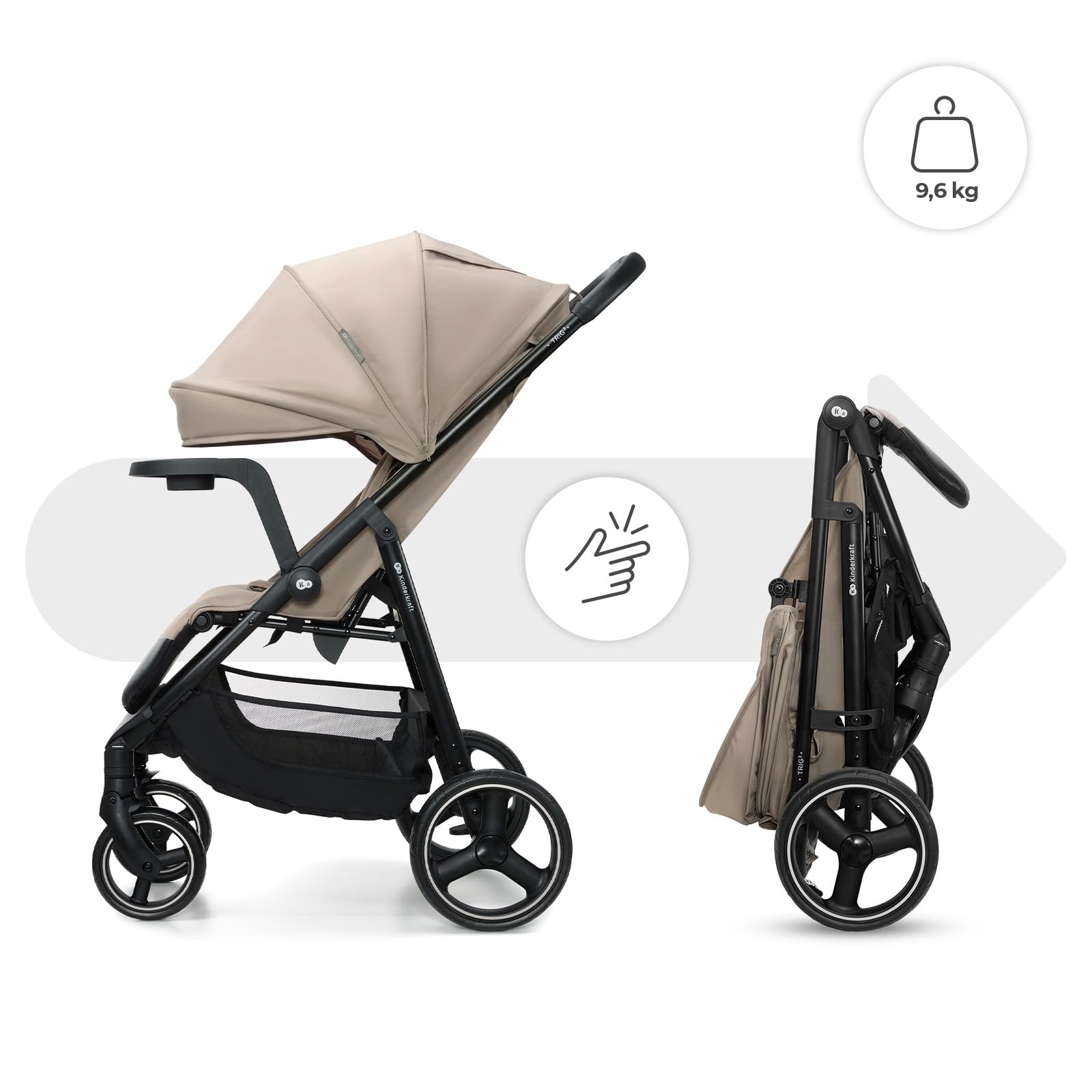 Kinderkraft TRIG 3 con vassoio, Passeggino 22 kg, CLICK & FOLD, Beige