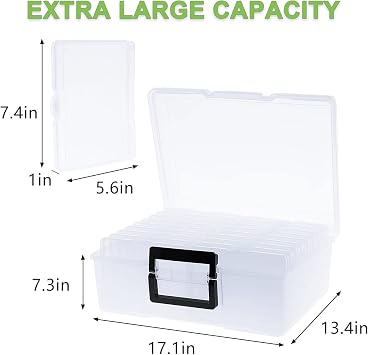 Photo Storage Box 5 x 7, 18 Inner Extra Large Photo Organizer Container, Plastic Craft Storage Box with Handle for Cards, Sticker, Seed, Scrapbooking, Craft, Classroom Supplies