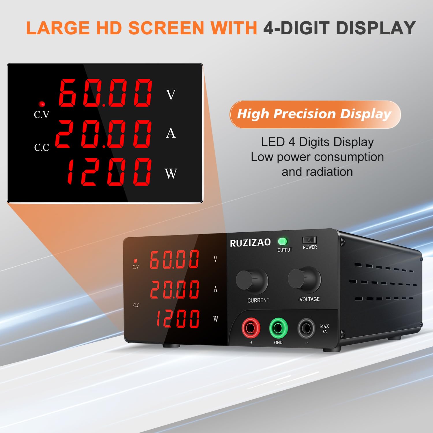 Alimentatore da Banco 60V 20A 1200W Alta Potenza Alimentatore da Laboratorio Regolabile con OUTPUT/Encoder, Professionale Alimentatore DC con Display a LED a 4 Cifre e Uscita Stabile