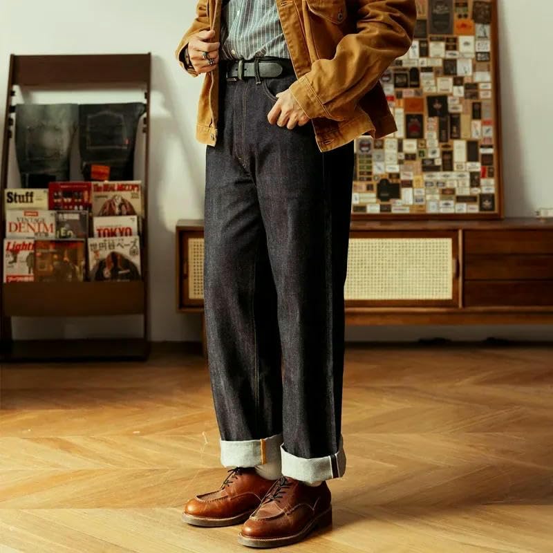 Men’s Selvedge Style Raw Denim Jeans Cuffed Straight Leg Heavyweight Denim Pants Heritage Workwear Look Trousers2