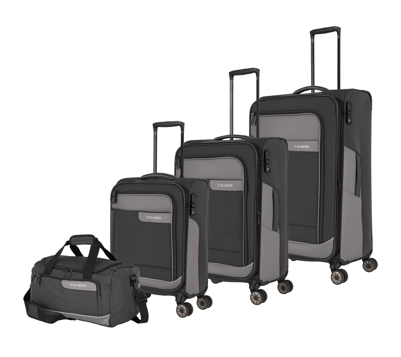 travelite set di valigie a 4 ruote con guscio morbido in materiale riciclato, misure L/M/S + borsa da viaggio, serie di valigie VIIA: set di trolley con bagaglio a mano in formato bagaglio a mano IATA
