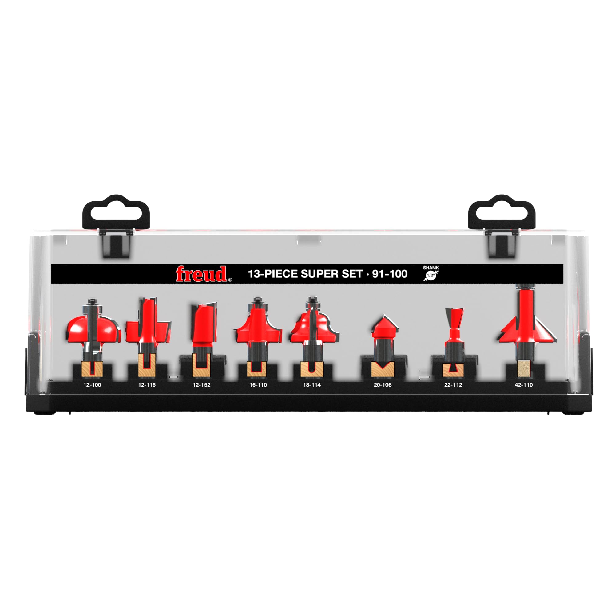 Freud 13 Piece Super Bit Set - Ideal for Woodworking, Includes V Grooving, Flush Trimming, Chamfering & Dovetailing - 1/2" Shanks - 91-100